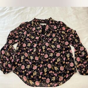 LOFT Floral Ruffle Blouse with Mandarin Collar Small